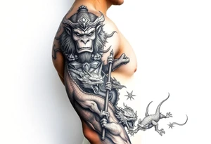 Aggressive powerfully armoured sun wukong monkey king on shoulder half fighting dragons and demons on lower arm with staff tattoo idea