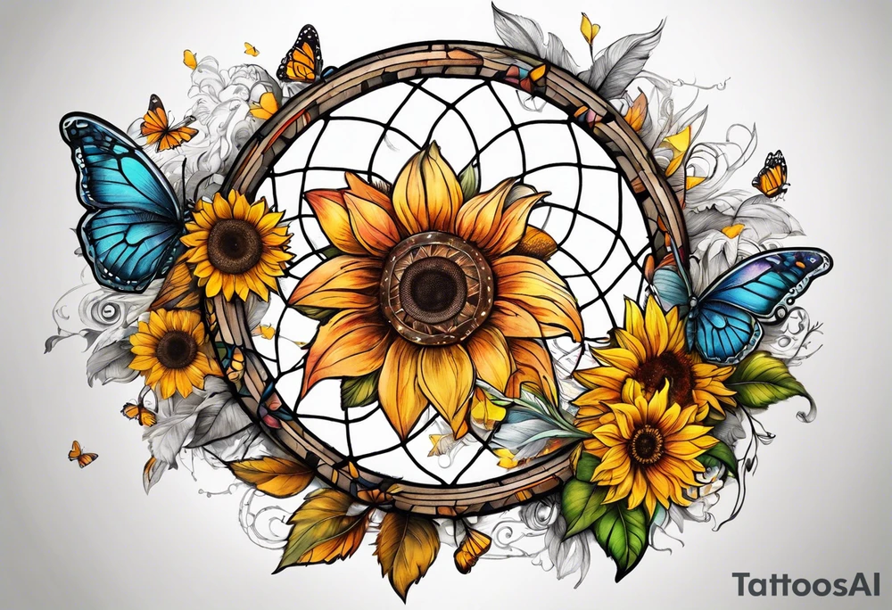 Dream catcher with sunflower in back ground with butterflies tattoo idea