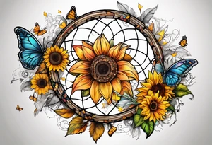 Dream catcher with sunflower in back ground with butterflies tattoo idea