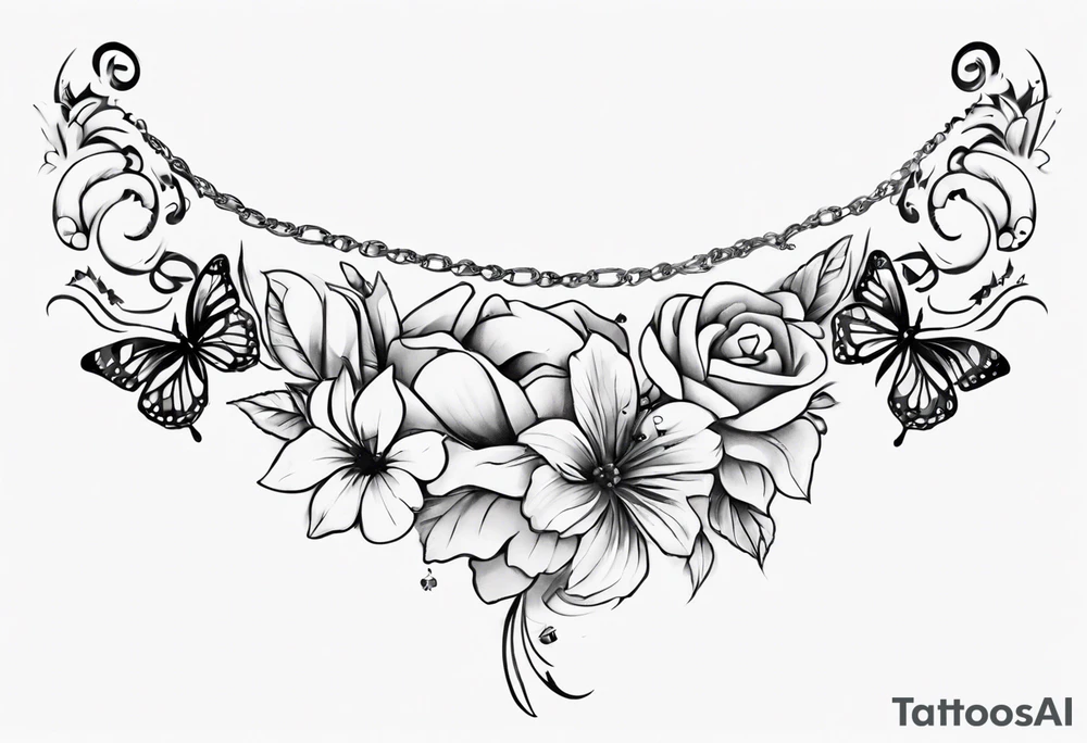 Ankle bracelet tattoo with flowers and butterflies and larger in the centre tattoo idea