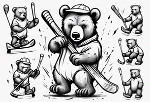 Baby bear playing hockey in front of papa bear and mama bear tattoo idea