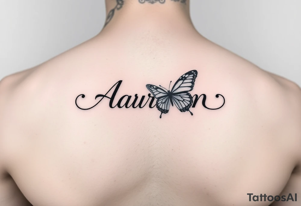 the name aaron with a butterfly and a semicolon , on the hand tattoo idea