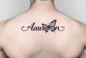 the name aaron with a butterfly and a semicolon , on the hand tattoo idea