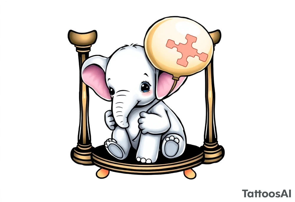 Baby elephant in  hour glass holding autism balloon tattoo idea