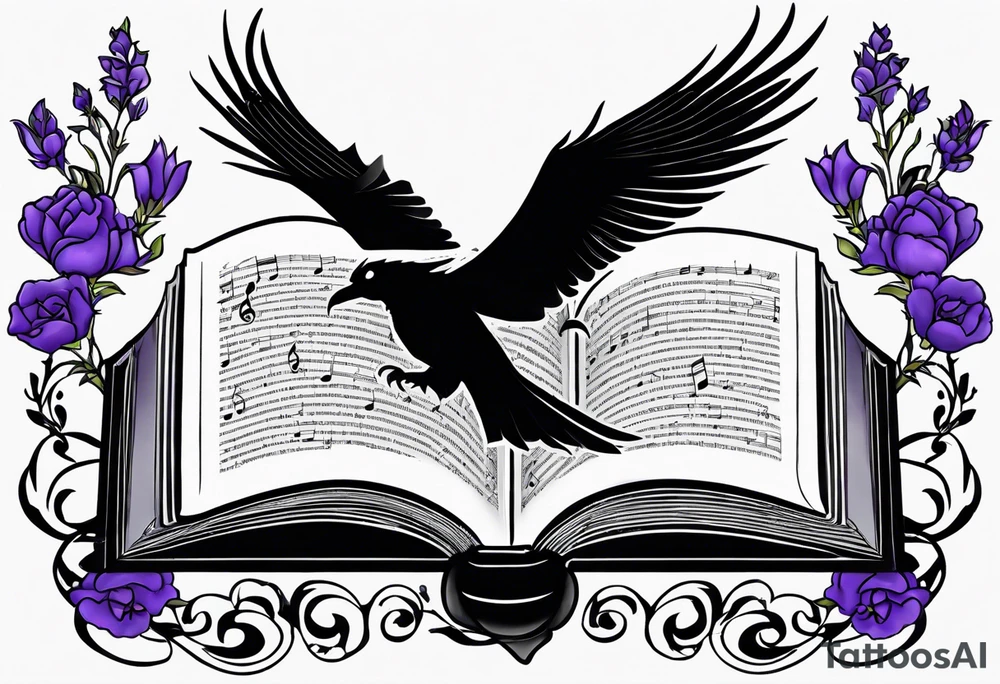 Create a simple drawn tattoo of an open book with a small dragon flying over, a pawn piece to the right, a single music note just above, a raven perched on the book corner, bumblebee on lavender flowers spread underneath tattoo idea