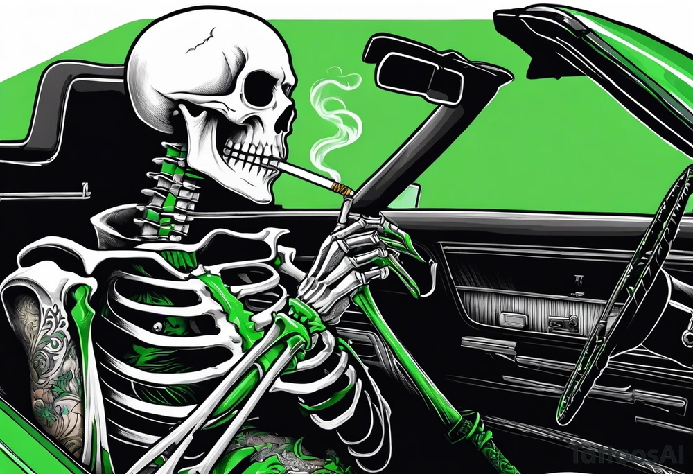 Skeleton smoking a cigarette driving a green 1976 convertible Corvette tattoo idea
