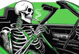 Skeleton smoking a cigarette driving a green 1976 convertible Corvette tattoo idea