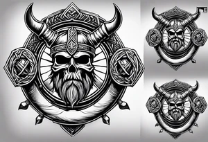 cool viking themed sleave on whole right arm ship axe shield tattoo idea