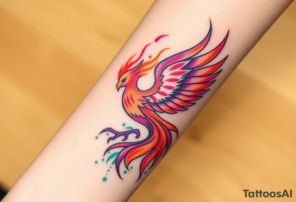 Phoenix with blazing flames with purple, orange, teal and green splashes tattoo idea