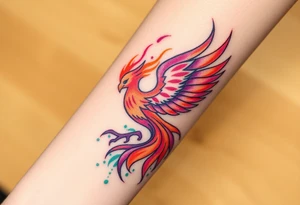 Phoenix with blazing flames with purple, orange, teal and green splashes tattoo idea