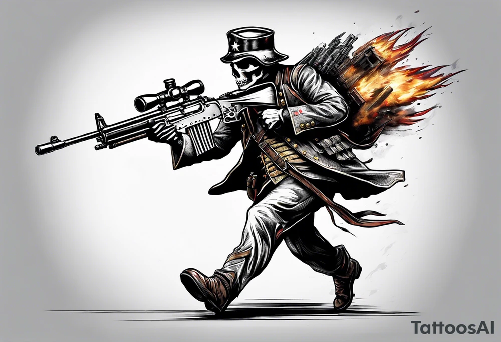 revolutionary war skull faced
 sodier running with a machine gun "liberty or death" tattoo idea