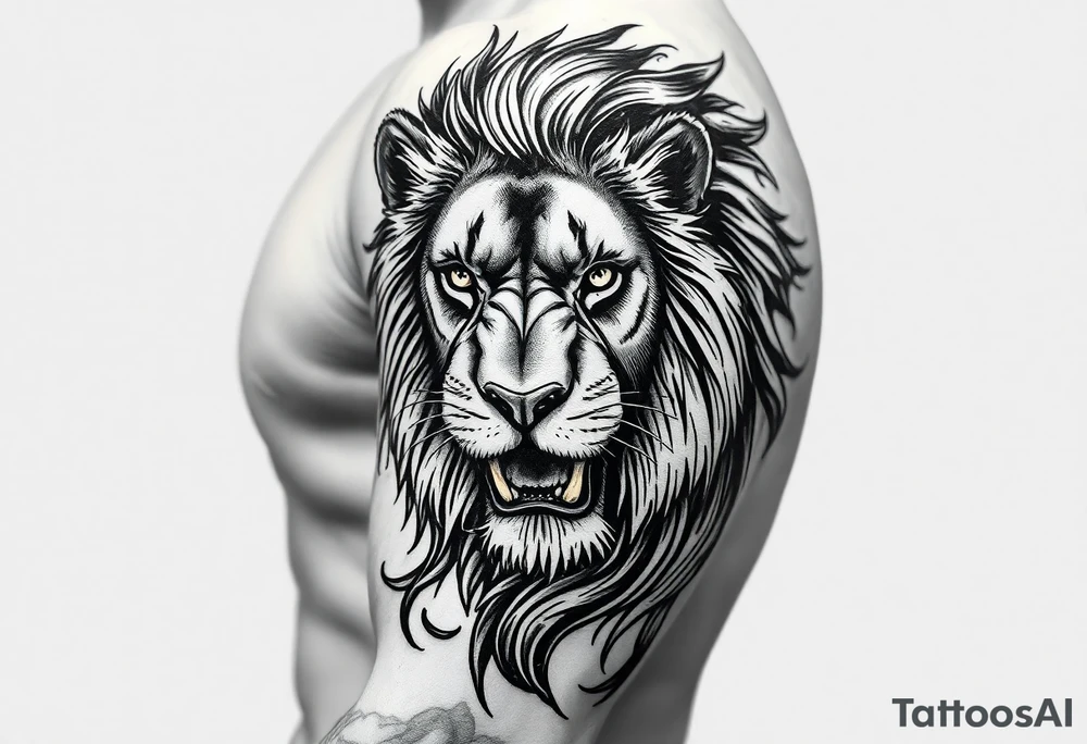 Lion looking into the fire face on full of emotion tattoo idea