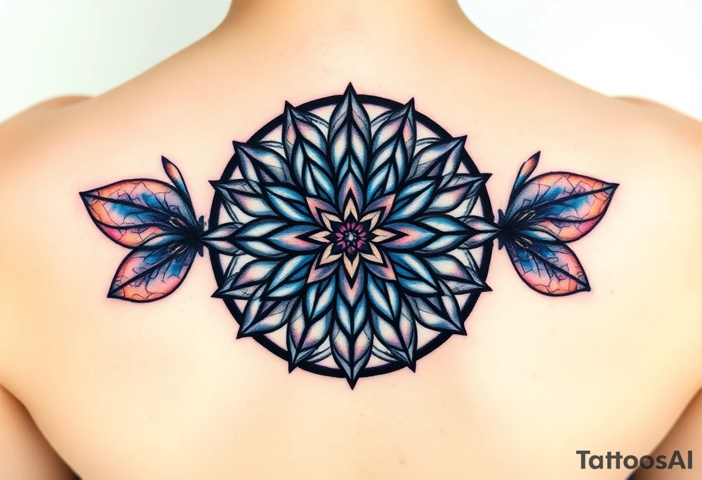 A symmetrical Flower of Life with hexagonal crystal and geometrical details in round cyrcle, enhancing its sacred geometric nature. tattoo idea