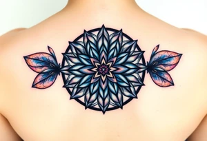 A symmetrical Flower of Life with hexagonal crystal and geometrical details in round cyrcle, enhancing its sacred geometric nature. tattoo idea