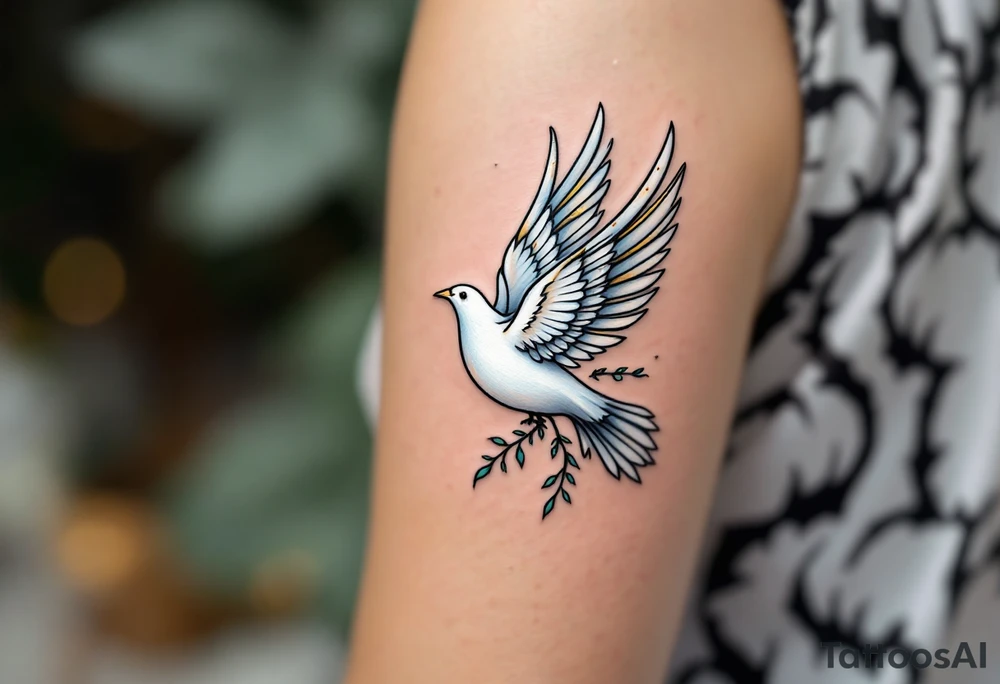 A white dove with gold accents flying through a sky of light blue stands for peace and freedom. tattoo idea