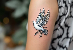 A white dove with gold accents flying through a sky of light blue stands for peace and freedom. tattoo idea