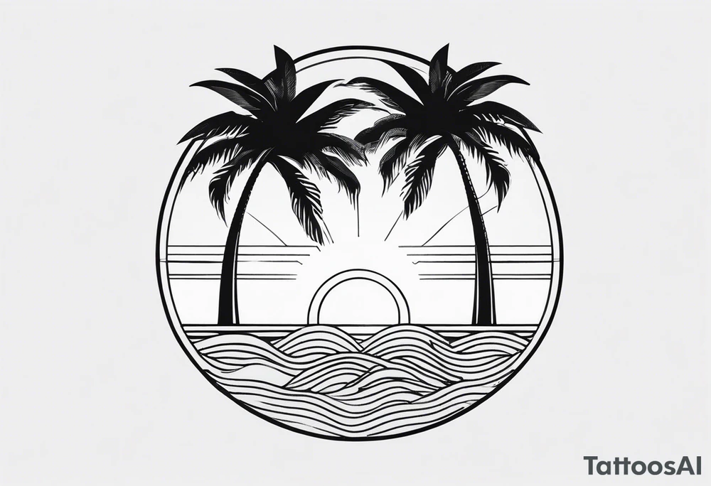 palm tree front of a sun and waves tattoo idea