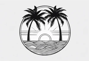 palm tree front of a sun and waves tattoo idea