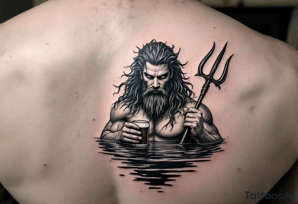 young, fit poseidon in calm water, behind a trident, holding a beer, looking at you tattoo idea