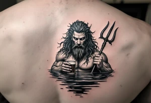 young, fit poseidon in calm water, behind a trident, holding a beer, looking at you tattoo idea