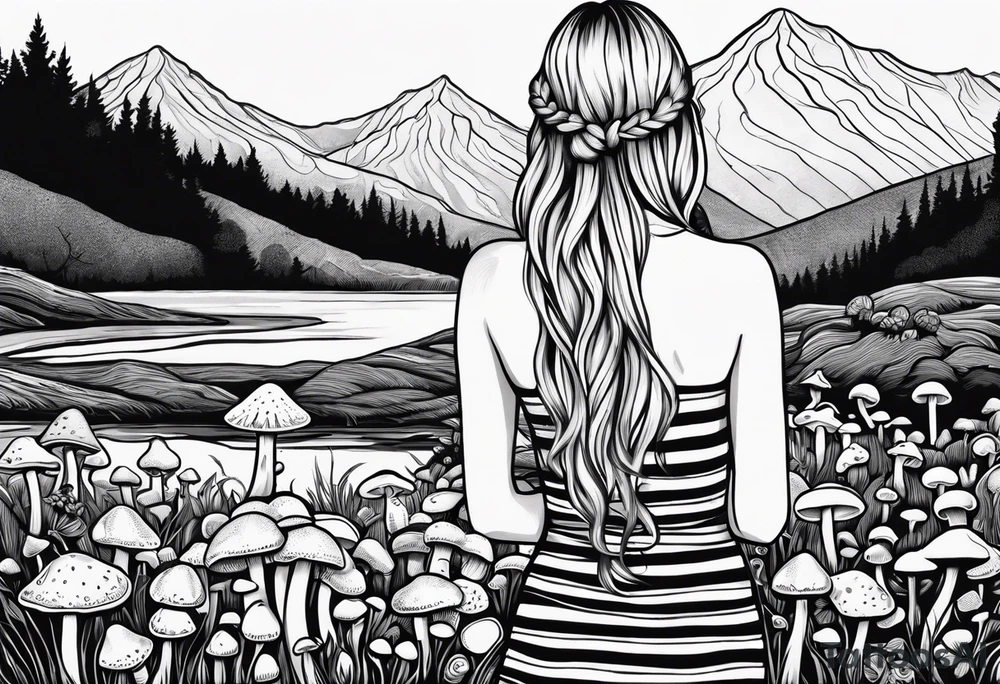 Straight long blonde hair hippie girl in distance holding mushrooms in hand facing away toward mountains and creek surrounded by mushrooms black and white striped dress tattoo idea