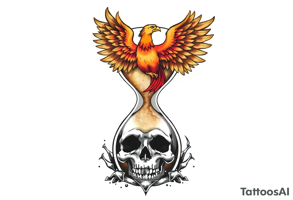 A cracked hourglass with the sands forming a skull below and a phoenix rising from the top. tattoo idea