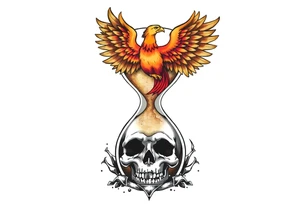 A cracked hourglass with the sands forming a skull below and a phoenix rising from the top. tattoo idea