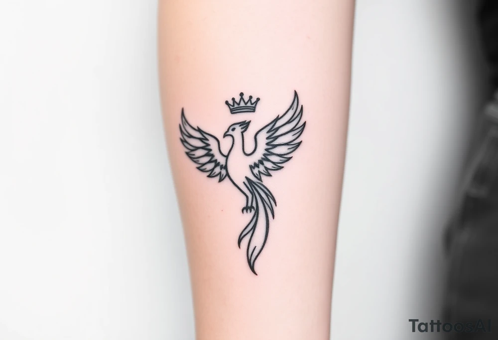 Minimal phoenix and crown fine lines tattoo idea