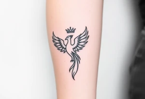 Minimal phoenix and crown fine lines tattoo idea