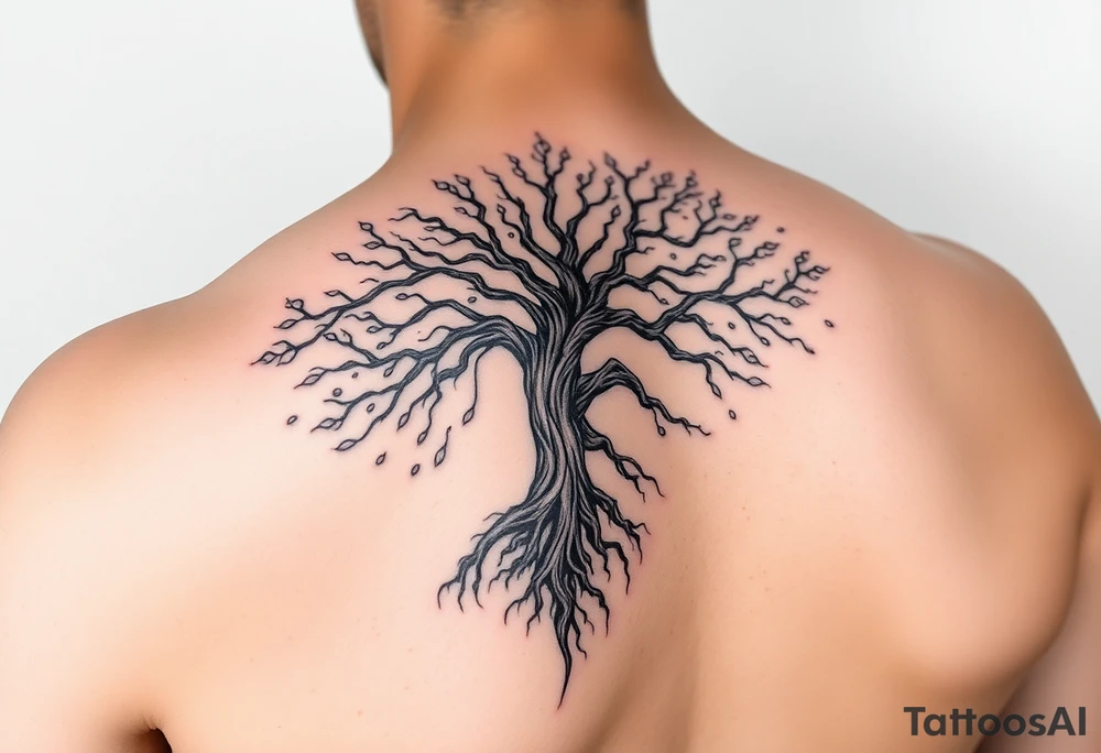 Flowing asymmetrical symbolic tree quarter sleeve on shoulder. Should not look realistic. Combination of tree of Gondor and Yggdrasil. tattoo idea