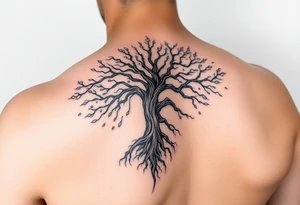 Flowing asymmetrical symbolic tree quarter sleeve on shoulder. Should not look realistic. Combination of tree of Gondor and Yggdrasil. tattoo idea