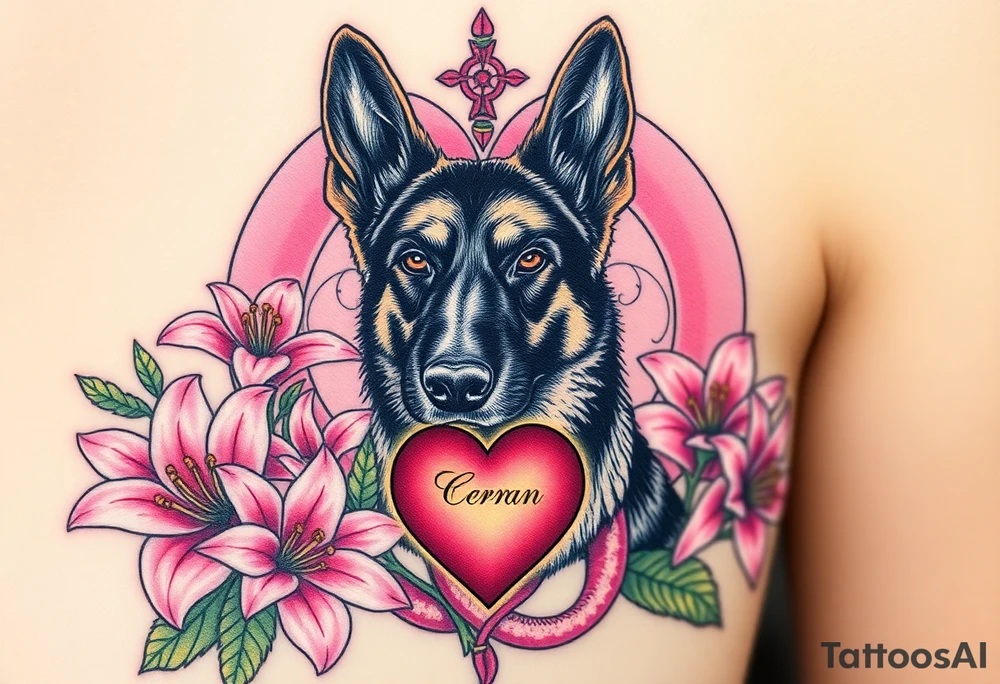 realistic german shepherd with alert ears looking protective surrounded by pink lilies with leaves in front of a serpent sacred heart tattoo idea