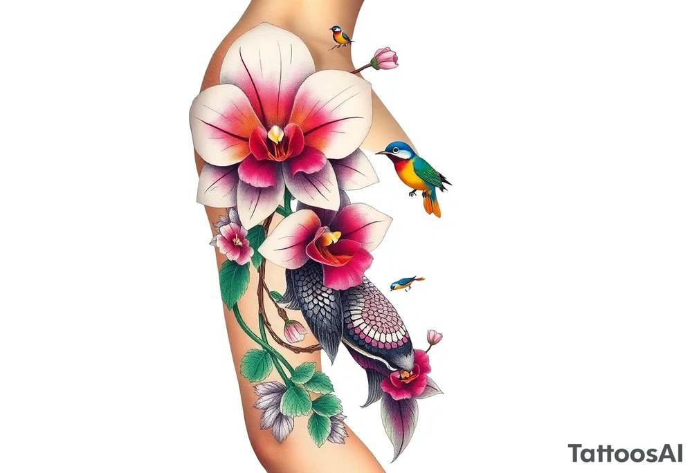 orchid flower ,  Coi fish and colorful birds tattoo idea