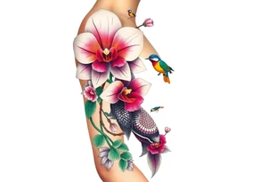 orchid flower ,  Coi fish and colorful birds tattoo idea