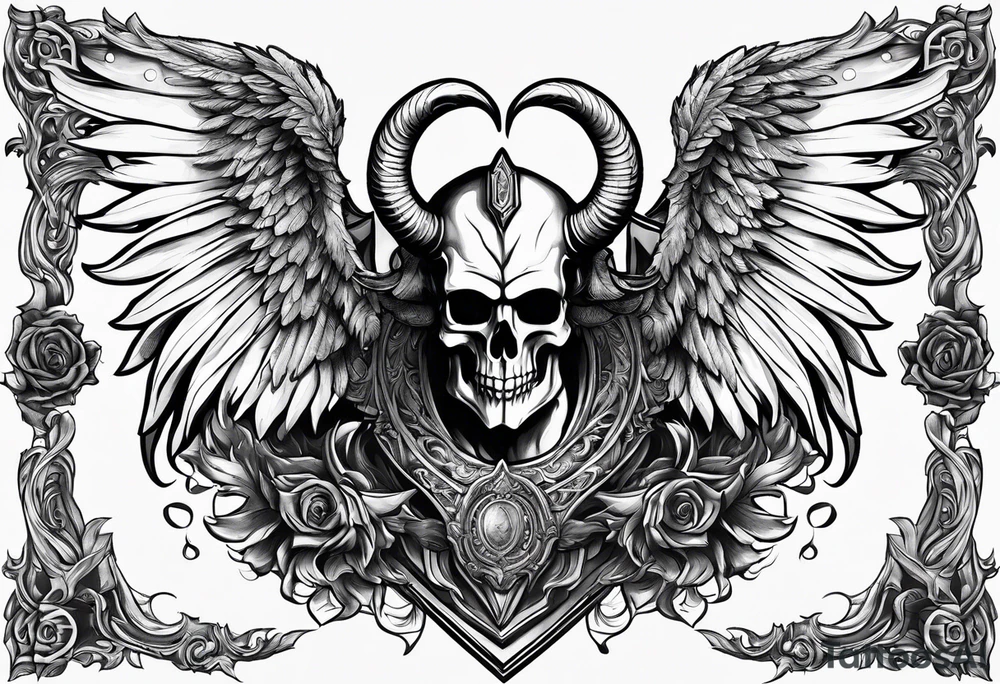 knight figure, ram's horns, angel's wings tattoo idea