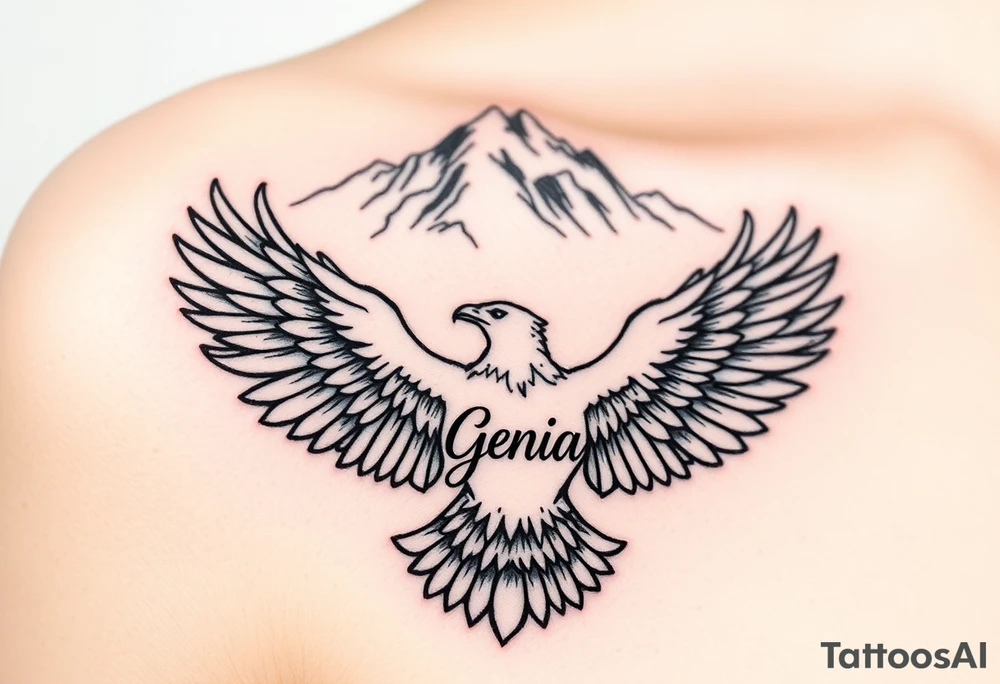 majestic eagle spreading wings against mountain peaks with name Genia in it tattoo idea