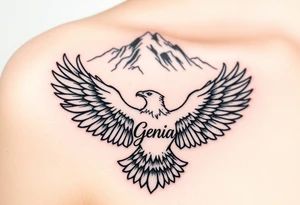 majestic eagle spreading wings against mountain peaks with name Genia in it tattoo idea