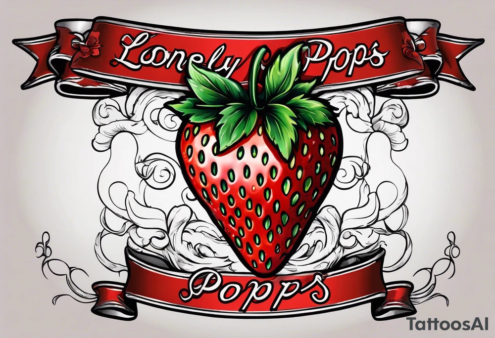 lonely strawberry wrapped in banner saying Pops tattoo idea