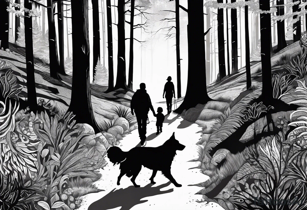 A shadow of family of four and dog walking through the Pacific Northwest Forrest. Mexican art. Trust in God tattoo idea