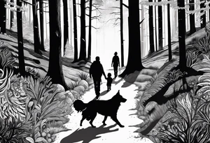 A shadow of family of four and dog walking through the Pacific Northwest Forrest. Mexican art. Trust in God tattoo idea
