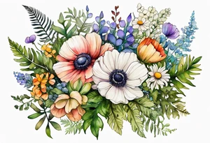 Simple Multicolored wild flowers bouquet with ferns and white anemone all watercolor tattoo idea