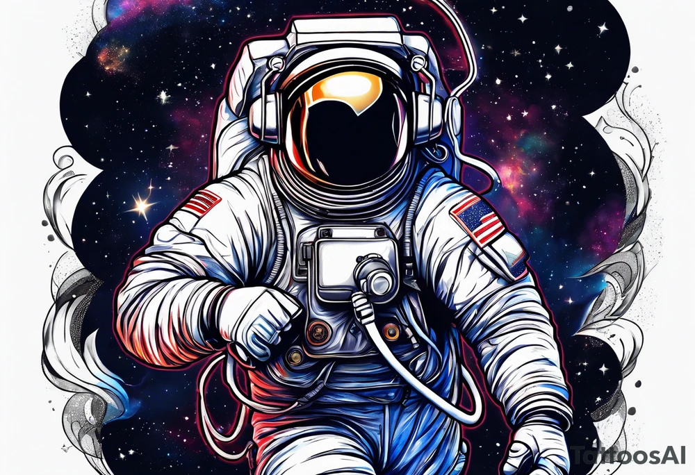 Astronaut emerging from the universe with boxing gloves and headphones pn tattoo idea
