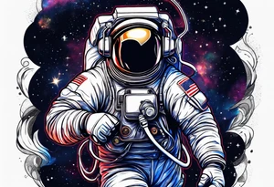 Astronaut emerging from the universe with boxing gloves and headphones pn tattoo idea