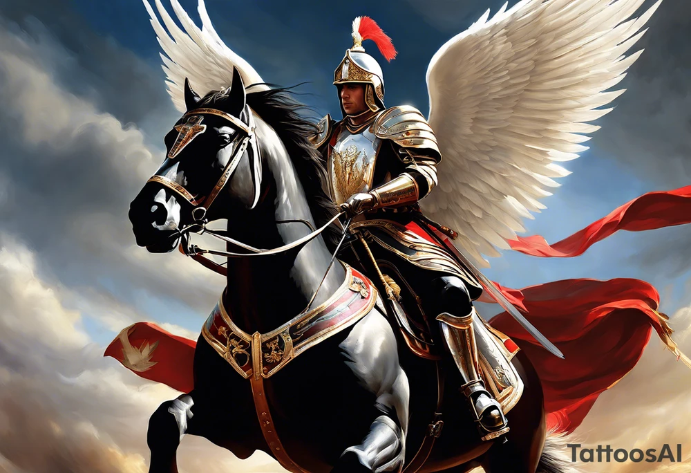 **Main Theme**: A Hussar on horseback in full armor, dynamically portrayed in the middle of a charge. The Hussar's wings are clearly visible, adding dynamics to the composition.
   - Archangel Michael positioned in the background, with a raised sword ready for battle, armed with a shield.
   - The Hussar is holding a banner showcasing the White Eagle.
   - Elements of the Arch tattoo idea