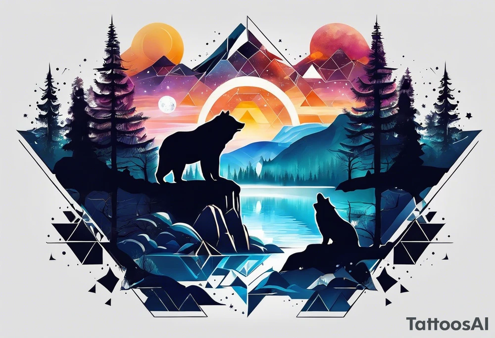 Create a sleeve tattoo from shoulder to wrist. The design should include space, stars, forest, sunset, mountains, cliffs, waterfall, water, ocean, wild animals (bear, wolves, elephant), and inserts of triangles and geometric figures. I have two children – a son, Sergei (the eldest), and a daughter, Anna, who live with me and my wife. But I also have another daughter, Marianna, whom I haven't seen for a long time and eagerly await to meet. The tattoo should symbolize love and protection for my children and family, the desire to secure their future, and confidence in tomorrow. It should reflect the notion of not looking back, but always moving forward and achieving goals! tattoo idea