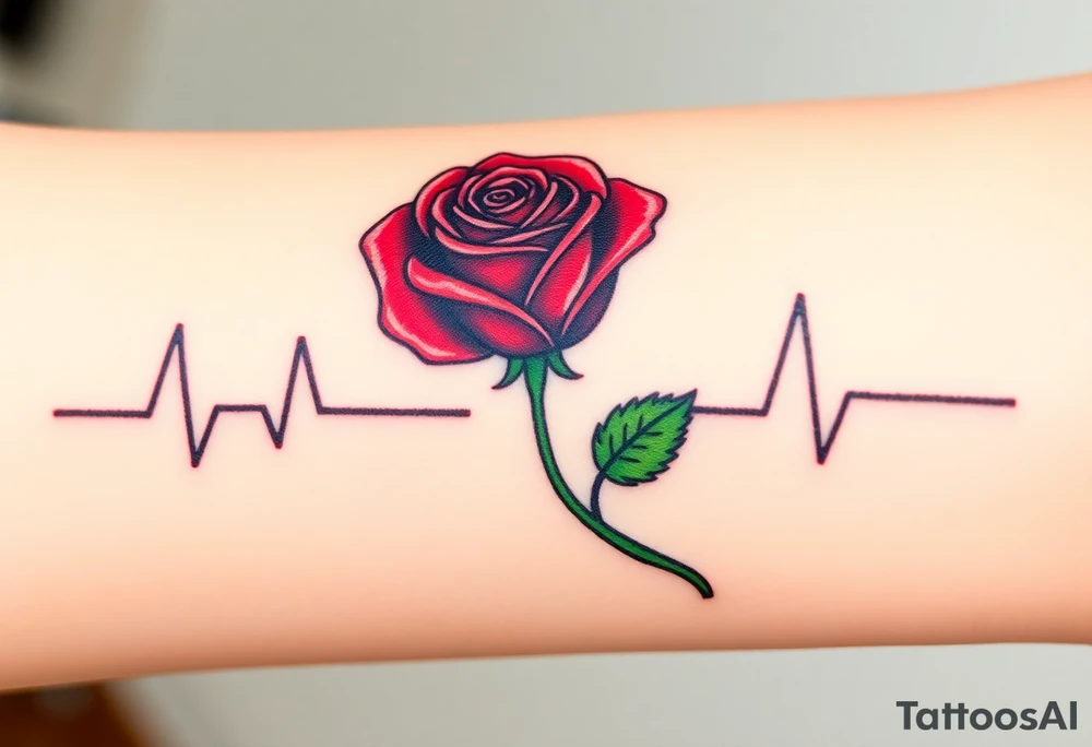 A continuous heartbeat line shaped like a rose, with the petals shaded in rich red and the stem in dark green. tattoo idea