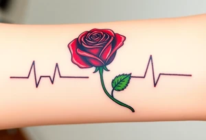 A continuous heartbeat line shaped like a rose, with the petals shaded in rich red and the stem in dark green. tattoo idea