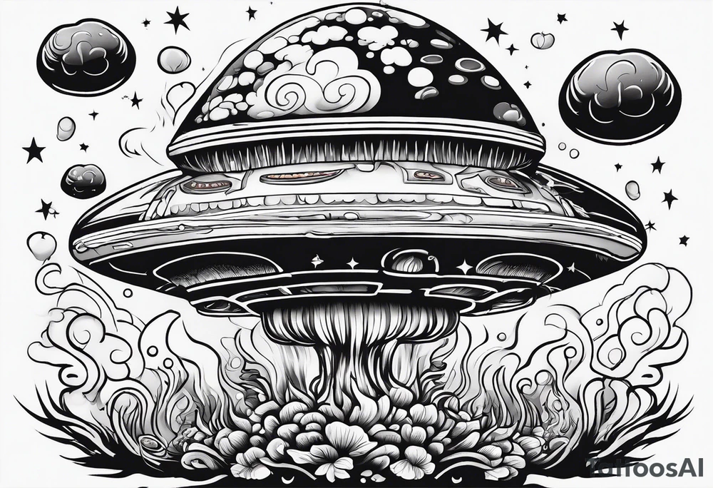 Psychedelic mushroom rocketship with fire coming out the bottom bursting out of bubble into spiritual realm tattoo idea