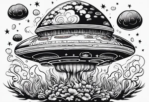 Psychedelic mushroom rocketship with fire coming out the bottom bursting out of bubble into spiritual realm tattoo idea