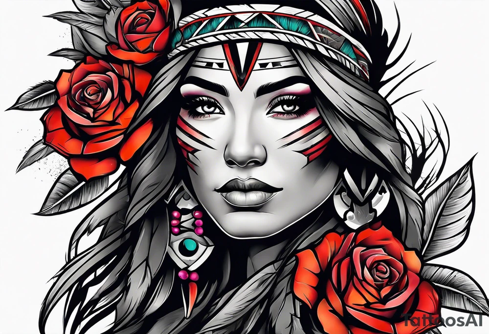 Native American woman wrapped in roses tattoo idea